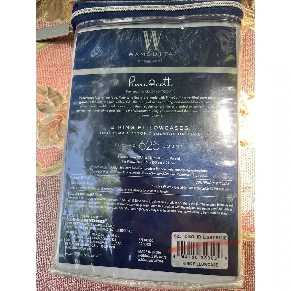 WAMSUTTA 625 Thread Pima Cott KING Pillowcase Set LIGHT BLUE, Solid,